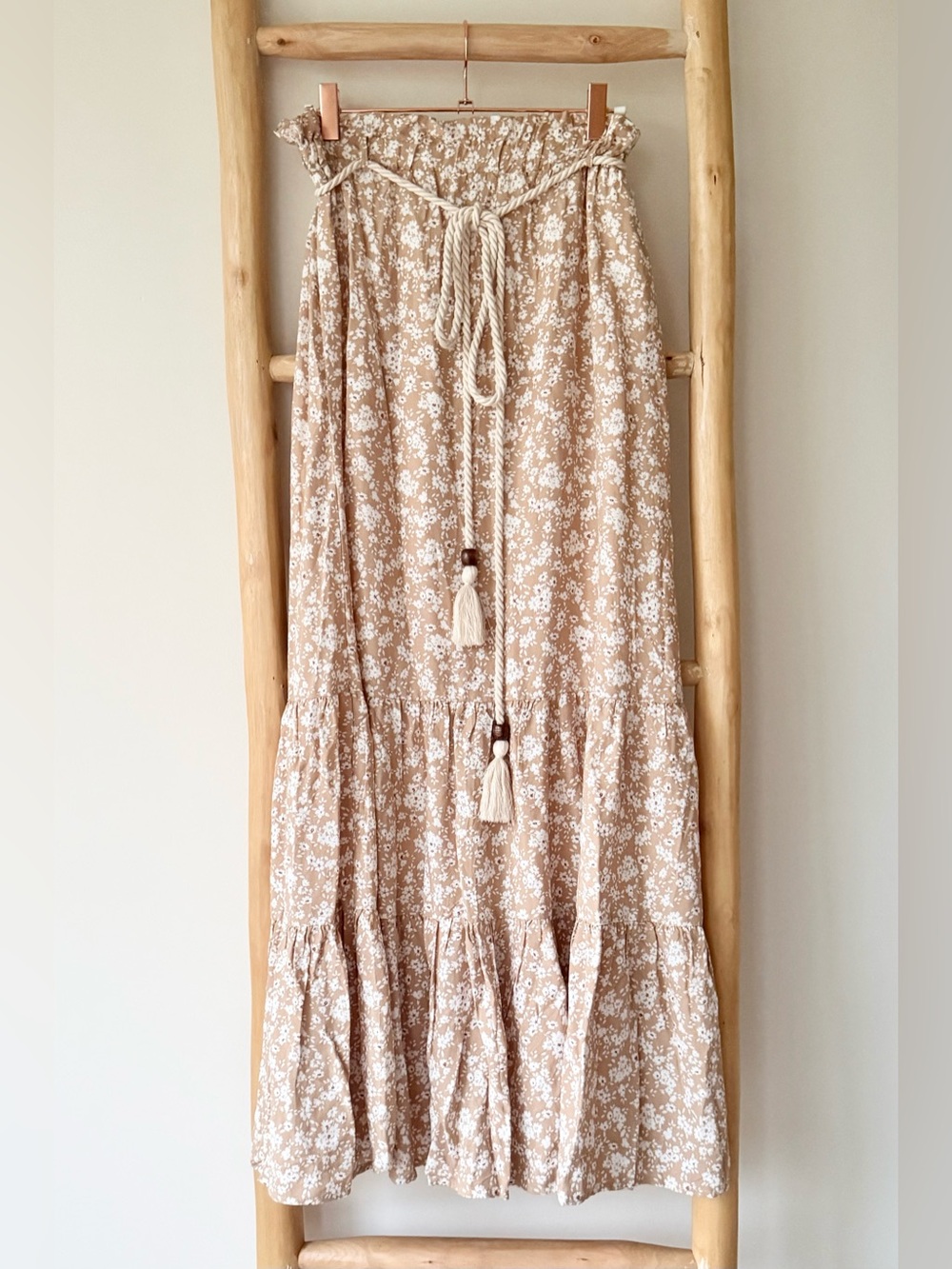 Indigo Rising Boho Floral Print Tiered Maxi Rope Tie Belt Elastic Waist Skirt L